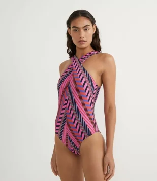 Maiô em Poliamida com Alça Larga Cruzada e Estampa Étnica Rosa