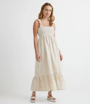 VESTIDO MIDI EM ALGODÃO COM LASTEX NO BUSTO E ESTAMPA XADREZ BRANCO