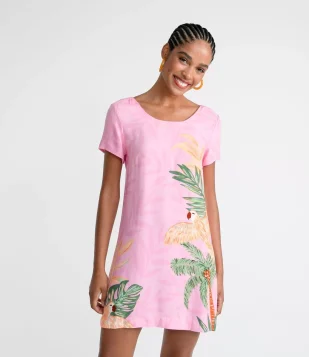 VESTIDO CURTO EM VISCOSE COM ESTAMPA TROPICAL ROSA