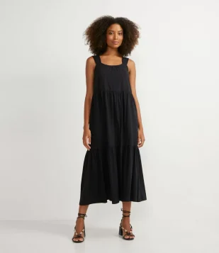 VESTIDO LONGO EM ALGODÃO COM ALÇAS LARGAS E BABADO NA BARRA PRETO