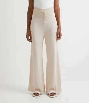 CALÇA WIDE LEG EM TRICÔ COM CÓS DIFERENCIADO E AMARRAÇÃO BEGE