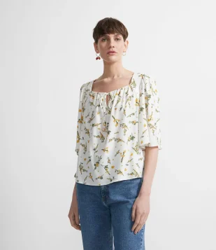 BLUSA BATA EM VISCOSE ESTAMPA FLORAL COM AMARRAÇÃO BRANCO