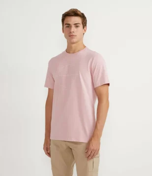 CAMISETA MANGA CURTA EM ALGODÃO ESTAMPA HEXÁGONO MINIMALISTA E MINI COQUEIRO ROSA