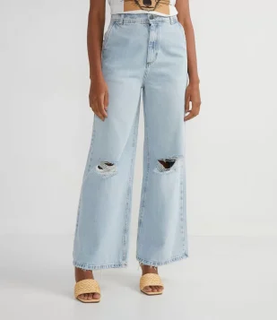 CALÇA WIDE LEG EM JEANS COM RASGOS E PUIDINHOS OS JOELHOS AZUL