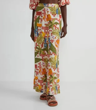 CALÇA PANTALONA EM LINHO COM ESTAMPA TROPICAL BEGE