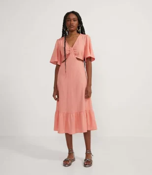VESTIDO MIDI MANGA CURTA EM LINHO COM ABERTURAS LATERAIS ROSA
