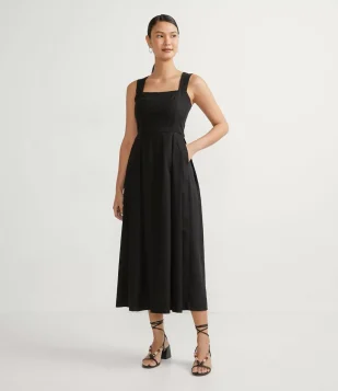 VESTIDO MIDI EM VISCOLINHO COM VAZADO E LASTEX NAS COSTAS PRETO
