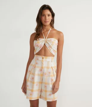 BLUSA REGATA CROPPED COM ESTAMPA FLORAL XADREZ BRANCO