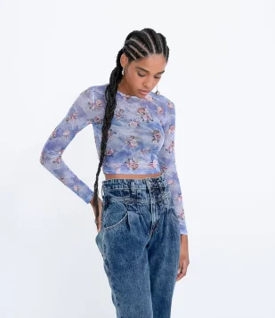BLUSA CROPPED EM TULE ESTAMPA ANJINHOS AZUL