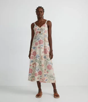 VESTIDO MIDI COM ESTAMPA FLORAL E ABERTURA NO BUSTO BEGE