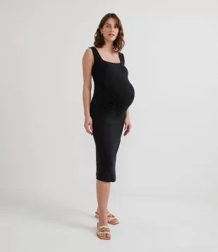 VESTIDO MIDI EM VISCOSE CANELADA MATERNITY PRETO