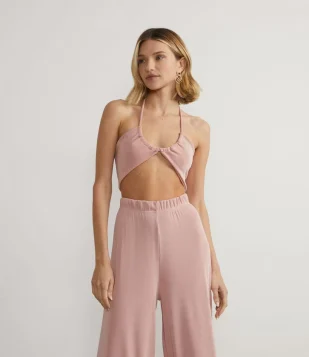 BLUSA CROPPED EM JERSEY METALIZADO COM AMARRAÇÃO ROSA