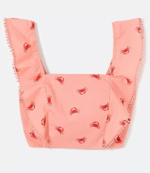 BLUSA CROPPED EM TRICOLINE COM ESTAMPA MINI CARANGUEJOS E DETALHES NAS ALÇAS ROSA