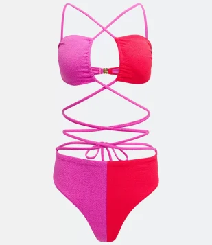 MAIÔ EM POLIAMIDA TEXTURIZADA COLOR BLOCK COM AMARRAÇÃO NO CORPO MULTICORES