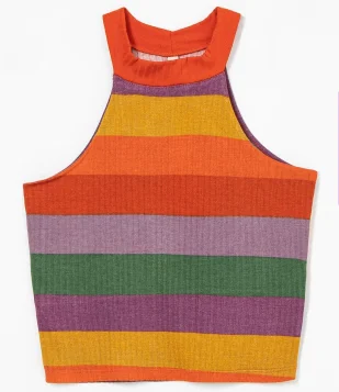 BLUSA CROPPED EM RIBANA SEM MANGA COM LISTRAS MULTICORES