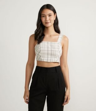  Blusa Regata Cropped em Algodão com Estampa Xadrez Branco 