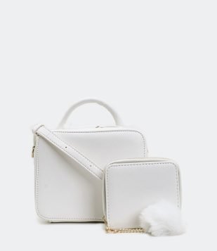  Conjunto de Bolsa e Carteira Puffer com Puxador de Pompom Branco 