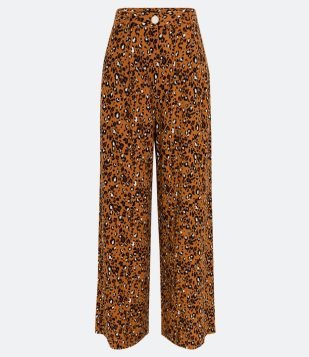  Calça Pantalona em Linho com Estampa Animal Print Oncinha Marrom 