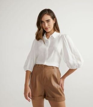  Camisa em Viscolinho com Gola Colarinho e Manga 3/4 Bufante Branco 