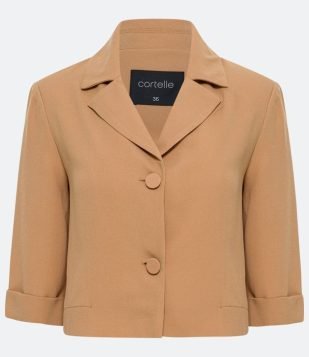  Blazer Cropped em Crepe com Botões Forrados Bege 