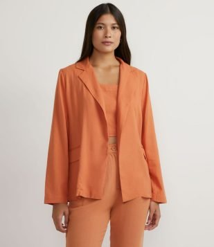  Blazer Alongado em Linho com Abertura Frontal Total Laranja 