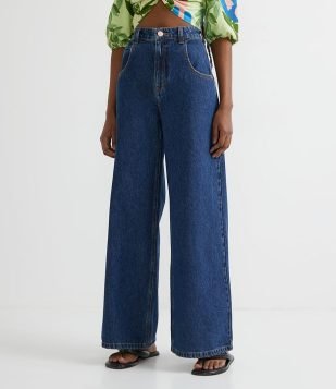  Calça Wide Leg Jeans com Cintura Alta e Bolsos Frontais Amplos Azul 
