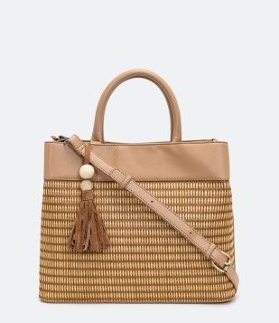  Bolsa Satchel em Ráfia com Pendente de Tassel Bege 