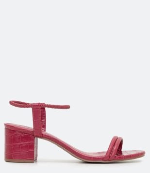  Sandália com Salto Bloco e Textura Croco Rosa 