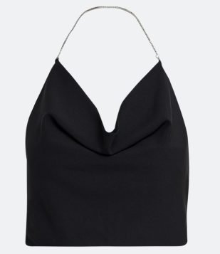  Blusa Regata Cropped em Crepe com Alça de Strass Decote Degagê Preto 