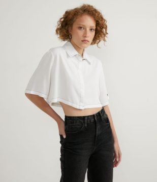  Camisa Cropped em Viscose com Pesponto Contrastante Branco 