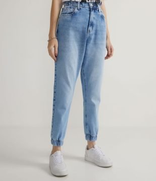  Calça Jogger Jeans com Elástico no Cós e na Barra Azul 