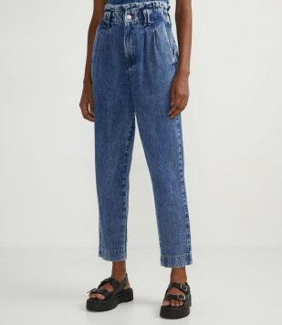  Calça Mom Jeans com Cós Elástico e Pregas Azul 