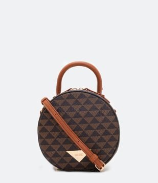  Bolsa Transversal Redonda com Estampa de Triângulos Marrom 