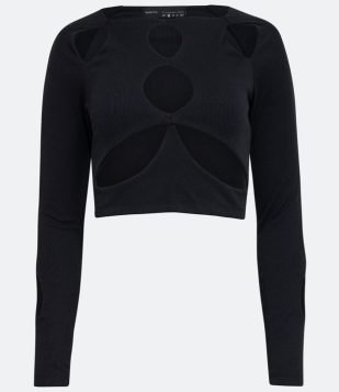  Blusa Cropped em Ribana com Detalhes Vazados e Manga Longa Preto 