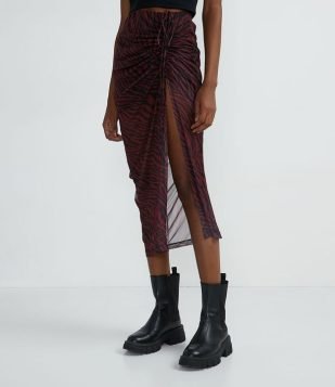  Saia Midi em Tule com Puxadinho e Estampa Animal Print Zebra Vermelho 