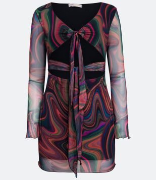  Vestido Curto em Tule com Estampa Abstrata e Amarração Frontal Multicores 