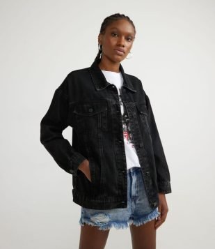  Jaqueta Alongada Jeans com Abotoamento e Bolsos Preto 