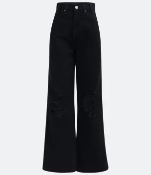  Calça Wide Leg em Sarja com Cintura Alta e Puídos Preto 