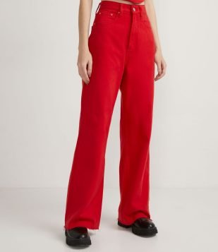  Calça Wide Leg em Sarja com Barra a Fio