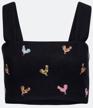  Blusa Regata Cropped em Linho com Bordado de Galinhas