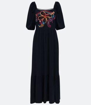  Vestido Longo em Viscolycra com Bordado e Manga Bufante