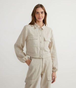  Jaqueta Cropped em Algodão Texturizada com Botões Forrados