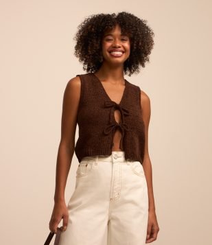 Blusa Colete em Tricô com Amarração Marrom