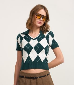 Blusa Polo em Jacquard Xadrez Argyle Verde
