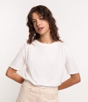 Blusa T-shirt em Algodão com Pregas no Ombro e Elástico na Barra Branco