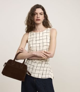 Blusa em Crepe com Estampa Xadrez Grid Off White