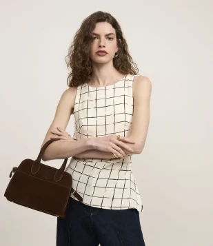 Blusa em Crepe com Estampa Xadrez Grid Off White