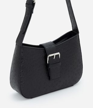 Bolsa Baguete Pequena em PU Texturizado com Alça Ajustável Preto