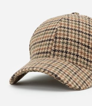 Boné Aba Curva em Sarja Estampado Xadrez Pied de Poule Marrom
