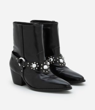 Bota Western em PU com Detalhes de Tachinhas Preto